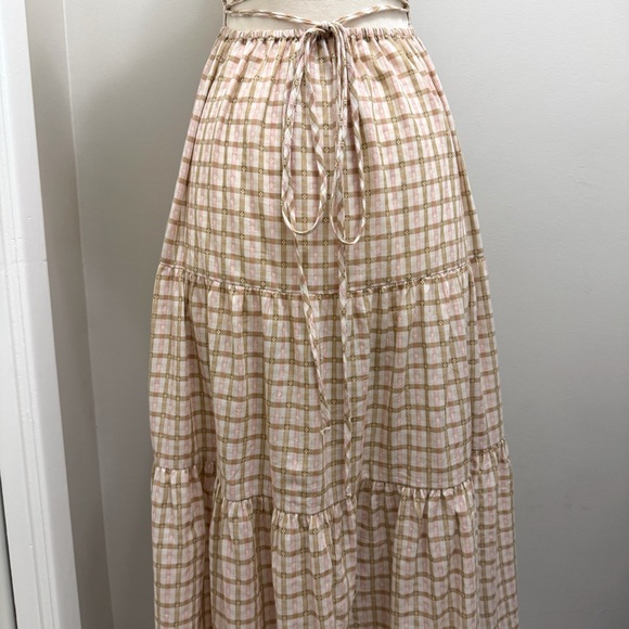 Christy Dawn Delphine Midi Tiered Sun Dress in Snapdragon Gingham Pink Tan XS - Picture 7 of 11
